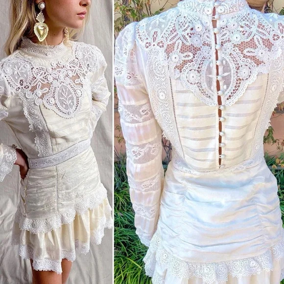 LoveShackFancy Dresses & Skirts - Loveshackfancy Harmon Silk Victorian High Neck Lace Mini Dress White Cream Sz 10